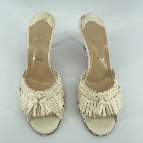 Christian Louboutin Fringe Peep Toe Mule Sandals Cream Leather EU 37.5 Heels - Picture 2 of 16